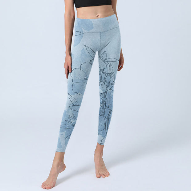 Buddha Stones Blue Flower Sketch Print Sports Leggings Women's Yoga Pants - image 6