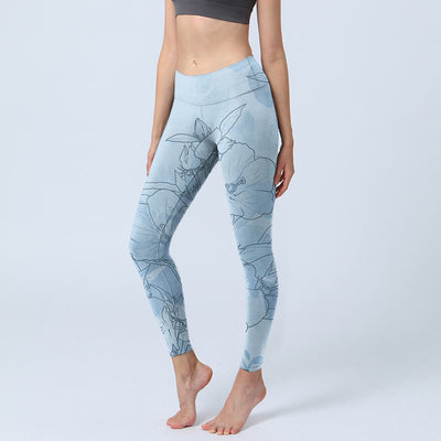 Buddha Stones Blue Flower Sketch Print Sports Leggings Women's Yoga Pants - LightBlue - US18，UK/AU22，EU50 (4XL) - image 1