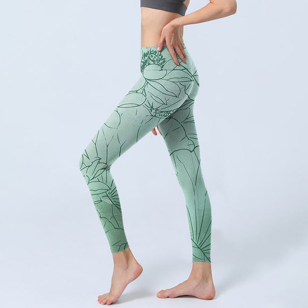 Buddha Stones Green Lotus Flower Print Sports Leggings Women's Yoga Pants