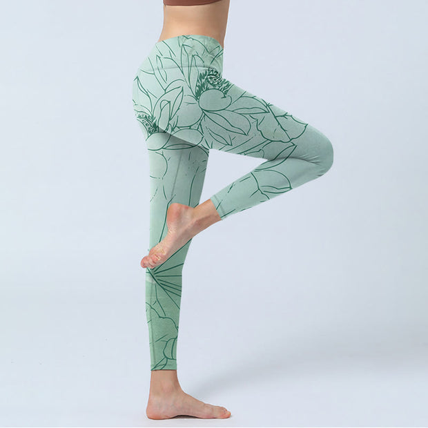 Buddha Stones Green Lotus Flower Print Sports Leggings Women's Yoga Pants