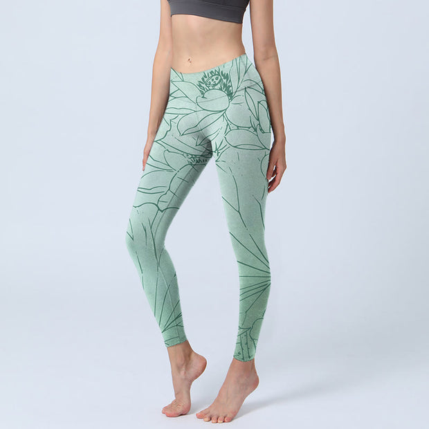 Buddha Stones Green Lotus Flower Print Sports Leggings Women's Yoga Pants - DarkSeaGreen - US18，UK/AU22，EU50 (4XL) - image 1