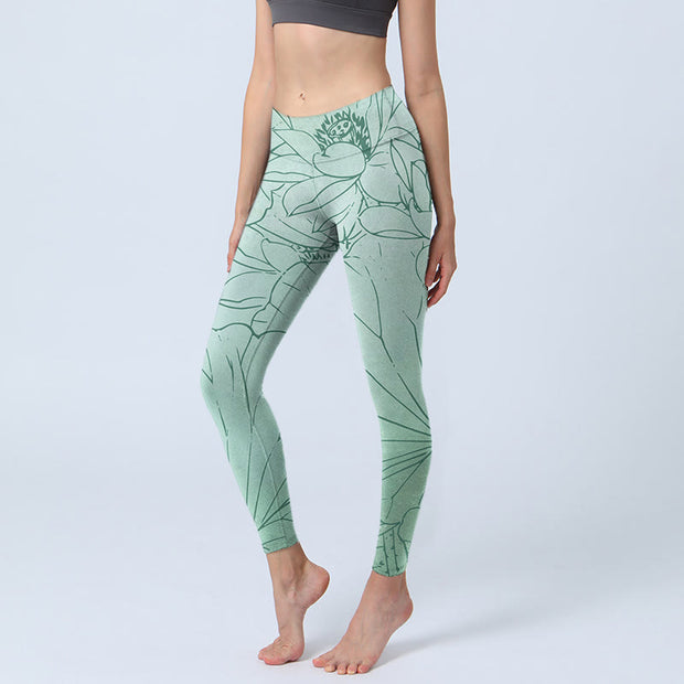 Buddha Stones Green Lotus Flower Print Sports Leggings Women's Yoga Pants