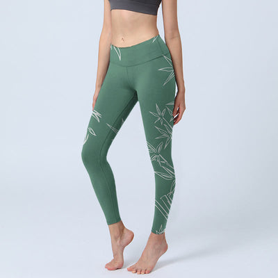 Buddha Stones Green White Bamboo Leaves Print Gym Leggings Women's Yoga Pants - DarkSeaGreen - US18，UK/AU22，EU50 (4XL) - image 1