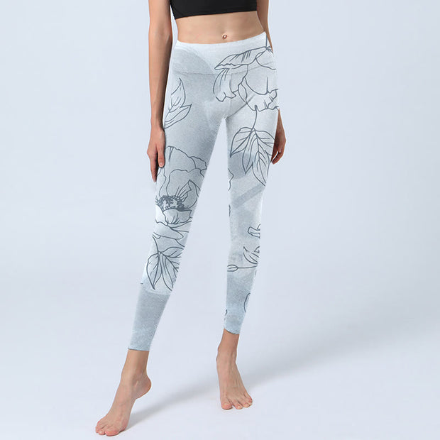 Buddha Stones Peony Flower Leaves Print Gym Leggings Women's Yoga Pants