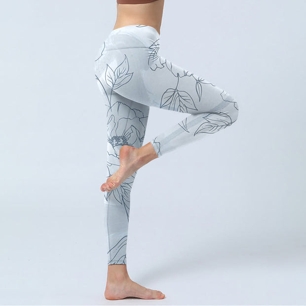 Buddha Stones Peony Flower Leaves Print Gym Leggings Women's Yoga Pants