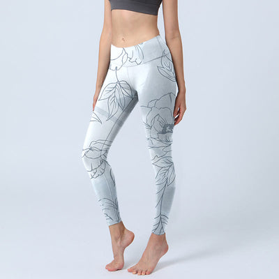 Buddha Stones Peony Flower Leaves Print Gym Leggings Women's Yoga Pants - LightCyan - US18，UK/AU22，EU50 (4XL) - image 1