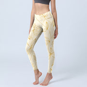 Buddha Stones Beige Flower Vine Print Gym Leggings Women's Yoga Pants