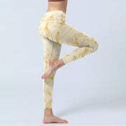 Buddha Stones Beige Flower Vine Print Gym Leggings Women's Yoga Pants