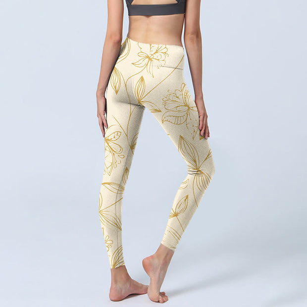 Buddha Stones Beige Flower Vine Print Gym Leggings Women's Yoga Pants - image 5