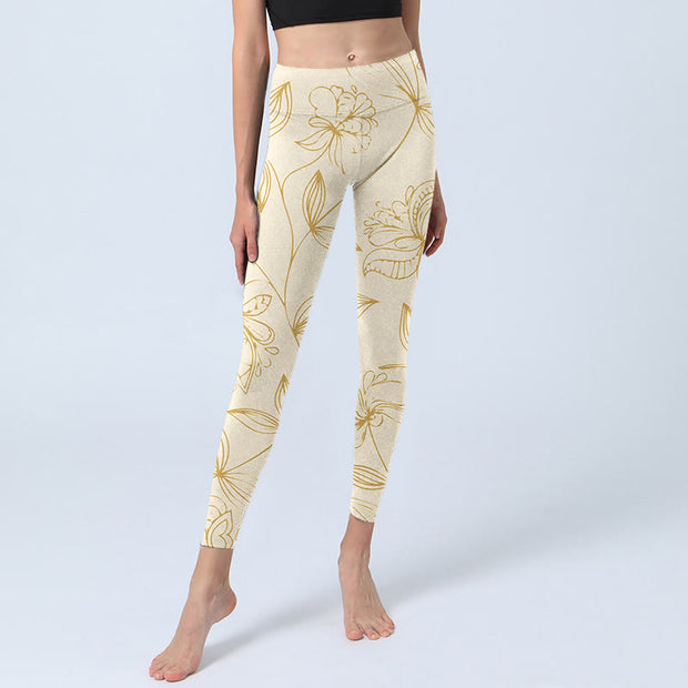 Buddha Stones Beige Flower Vine Print Gym Leggings Women's Yoga Pants