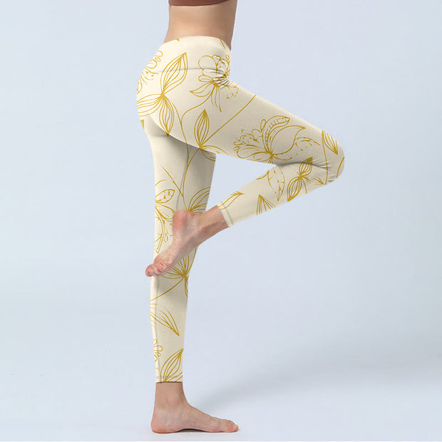 Buddha Stones Beige Flower Vine Print Gym Leggings Women's Yoga Pants - image 4