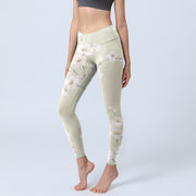 Buddha Stones Beige Plum Blossoms Print Gym Leggings Women's Yoga Pants