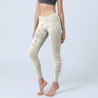 Buddha Stones Beige Plum Blossoms Print Gym Leggings Women's Yoga Pants