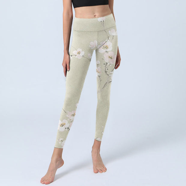 Buddha Stones Beige Plum Blossoms Print Gym Leggings Women's Yoga Pants - image 6