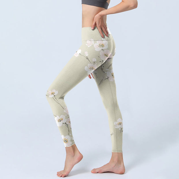 Buddha Stones Beige Plum Blossoms Print Gym Leggings Women's Yoga Pants - image 3