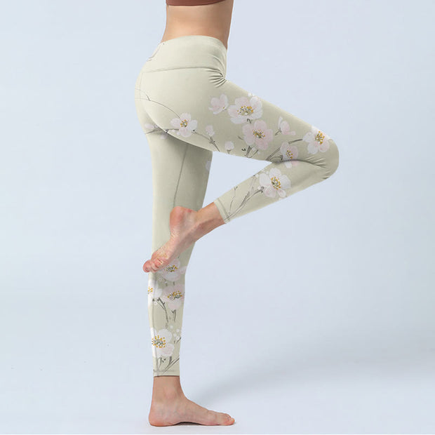 Buddha Stones Beige Plum Blossoms Print Gym Leggings Women's Yoga Pants - image 4