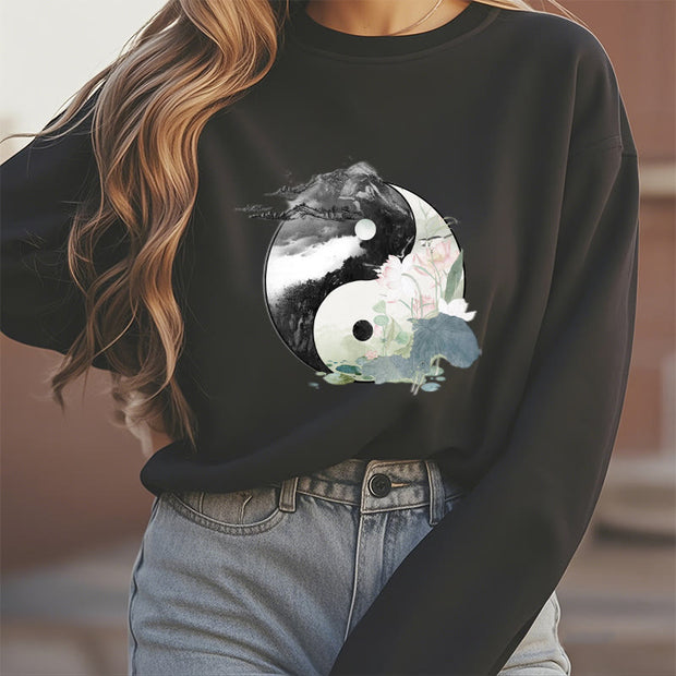 Buddha Stones Yin Yang Lotus Leaf Ink Painting Fleece Lined Polyester Sweatshirt