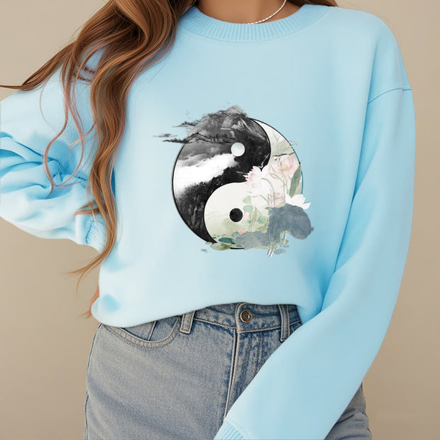 Buddha Stones Yin Yang Lotus Leaf Ink Painting Fleece Lined Polyester Sweatshirt