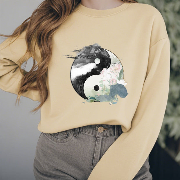 Buddha Stones Yin Yang Lotus Leaf Ink Painting Fleece Lined Polyester Sweatshirt