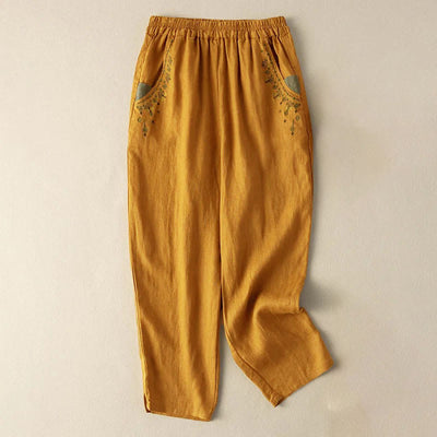 Buddha Stones Vintage Embroidery Elastic Waist Harem Pants With Pockets