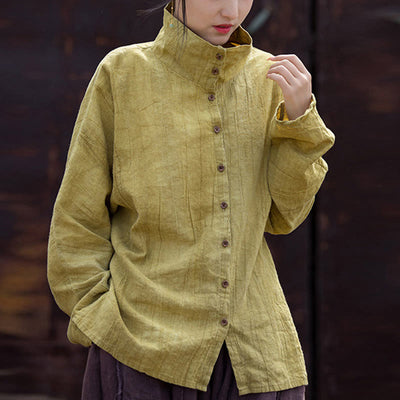 Buddha Stones Turtleneck Dyeing Ramie Cotton Chinese Style Cardigan Clothing Women's Shirts BS Goldenrod US4-8/10，UK/AU8-12/14，EU36-40/42 (F)