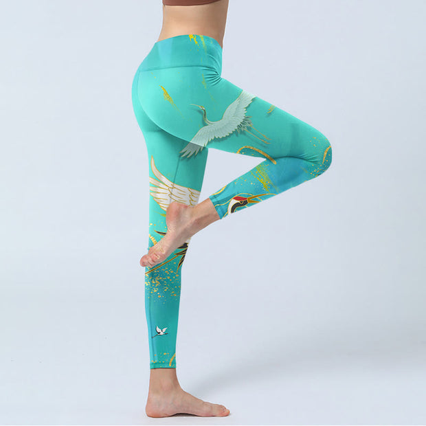 Buddha Stones Mint Green Mountain Crane Print Fitness Leggings Women's Yoga Pants