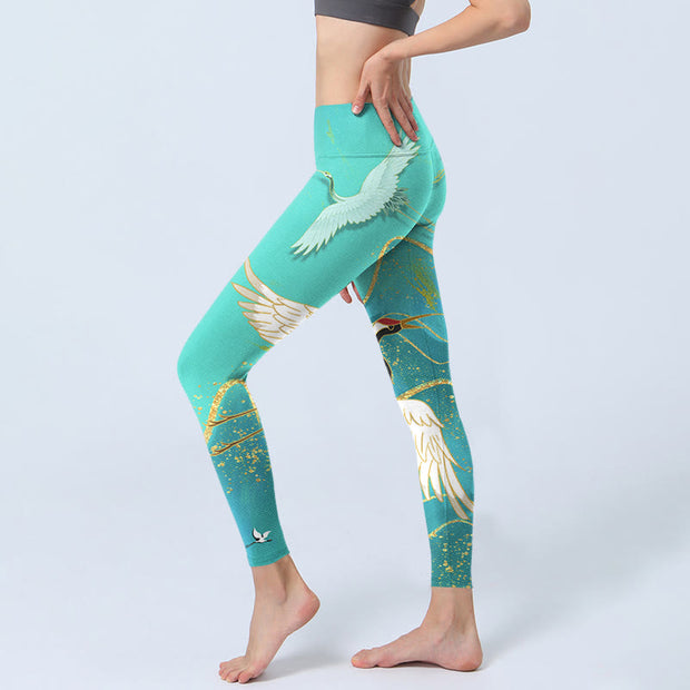 Buddha Stones Mint Green Mountain Crane Print Fitness Leggings Women's Yoga Pants - image 4