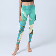 Buddha Stones Mint Green Mountain Crane Print Fitness Leggings Women's Yoga Pants