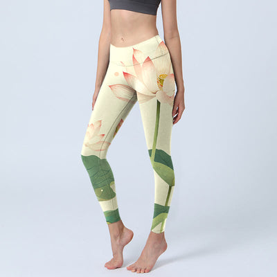 Buddha Stones Lotus Flower Leaf Dragonfly Print Fitness Leggings Women's Yoga Pants