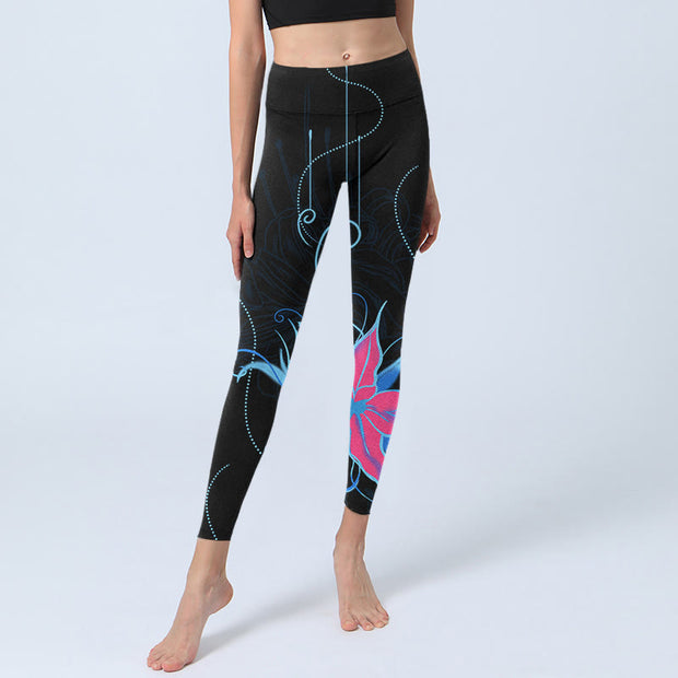 Buddha Stones Black Pink Blue Flowers Print Fitness Leggings Women's Yoga Pants - image 7
