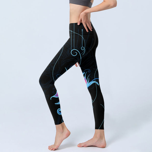 Buddha Stones Black Pink Blue Flowers Print Fitness Leggings Women's Yoga Pants - image 4