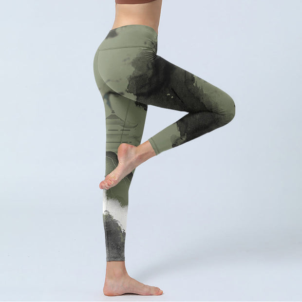 Buddha Stones Ink Painting Mountain Pavilion Print Fitness Leggings Women's Yoga Pants - image 5