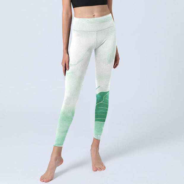 Buddha Stones Mint Green Lotus Leaf Dragonfly Print Exercise Leggings Women's Yoga Pants - image 6