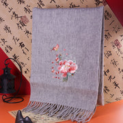 Buddha Stones Wool Shawl Pink Peony Butterfly Embroidery Tassel Winter Cozy Travel Scarf Wrap