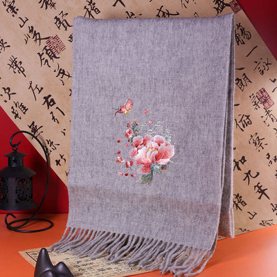 Buddha Stones Wool Shawl Pink Peony Butterfly Embroidery Tassel Winter Cozy Travel Scarf Wrap Shawl BS 180*37cm