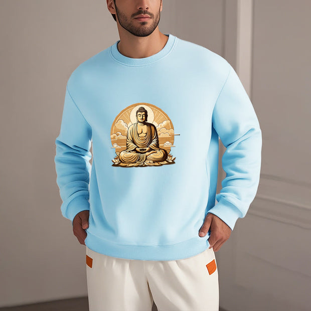 Buddha Stones Sun Auspicious Clouds Buddha Round Neck Fleece Lined Sweatshirt