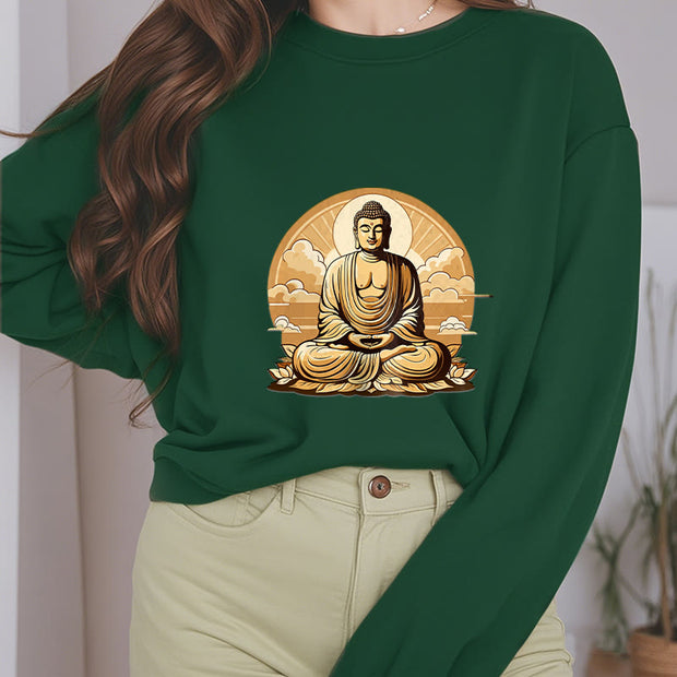 Buddha Stones Sun Auspicious Clouds Buddha Round Neck Fleece Lined Sweatshirt