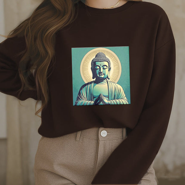 Buddha Stones Aura Green Buddha Round Neck Fleece Lined Sweatshirt