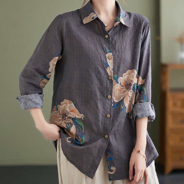 Buddha Stones Literary Artistic Flower Print Cotton Linen Clothing Women's Shirts BS 19