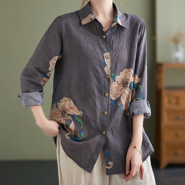 Buddha Stones Literary Artistic Flower Print Cotton Linen Clothing Women's Shirts BS 17