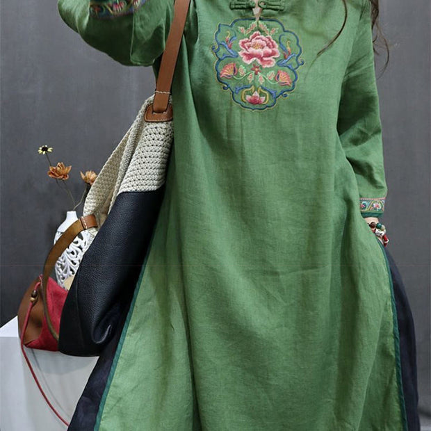 Buddha Stones Flower Embroidery Stand Collar Knot Button Cotton Midi Dress