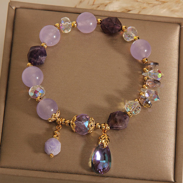 Buddha Stones Amethyst White Crystal Drop Meditation Bracelet