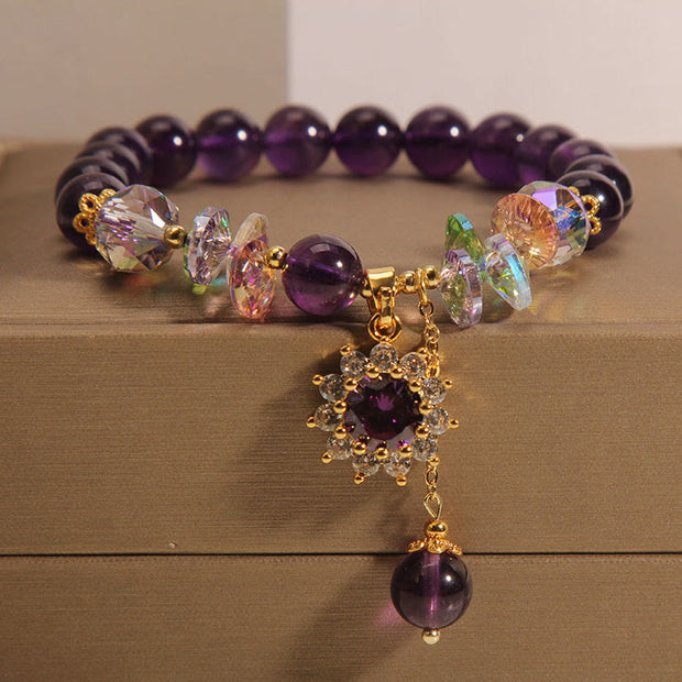 Buddha Stones Amethyst Green Crystal Citrine White Crystal Sunflower Spiritual Awareness Bracelet Bracelet BS 9