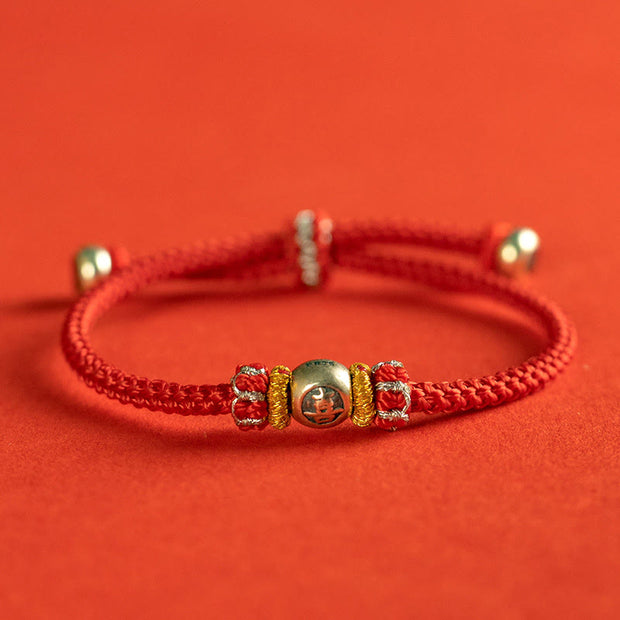 Buddha Stones Red String Chinese Characters Protection Bracelet Bracelet BS 925 Sterling Silver-Xi 18-19cm