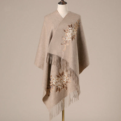 Buddha Stones Wool Shawl Begonia Embroidery Tassel Winter Cozy Travel Scarf Wrap (Extra 30% Off | USE CODE: FS30) - Tan - 200*60cm - image 0