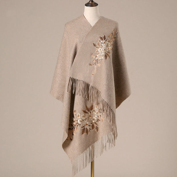 Buddha Stones Wool Shawl Begonia Embroidery Tassel Winter Cozy Travel Scarf Wrap (Extra 30% Off | USE CODE: FS30) - Tan - 200*60cm - image 0