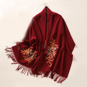 Buddha Stones Wool Shawl Begonia Embroidery Tassel Winter Cozy Travel Scarf Wrap Shawl BS DarkRed 200*60cm