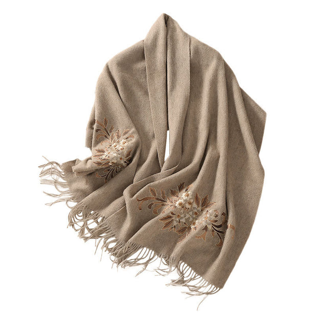 Buddha Stones Wool Shawl Begonia Embroidery Tassel Winter Cozy Travel Scarf Wrap Shawl BS 6