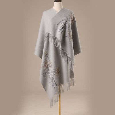 Buddha Stones Wool Shawl Lotus Embroidery Tassel Winter Cozy Travel Scarf Wrap Shawl BS LightGrey 200*60cm