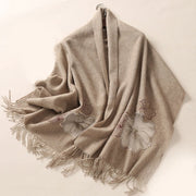 Buddha Stones Wool Shawl Lotus Leaf Embroidery Tassel Winter Cozy Travel Scarf Wrap Shawl BS 2